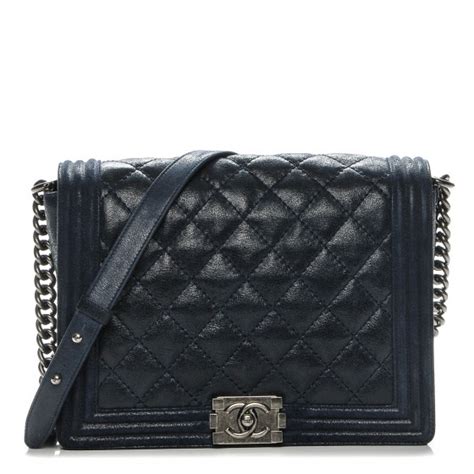 CHANEL Goatskin Quilted Medium Gentle Boy Flap Navy Blue 